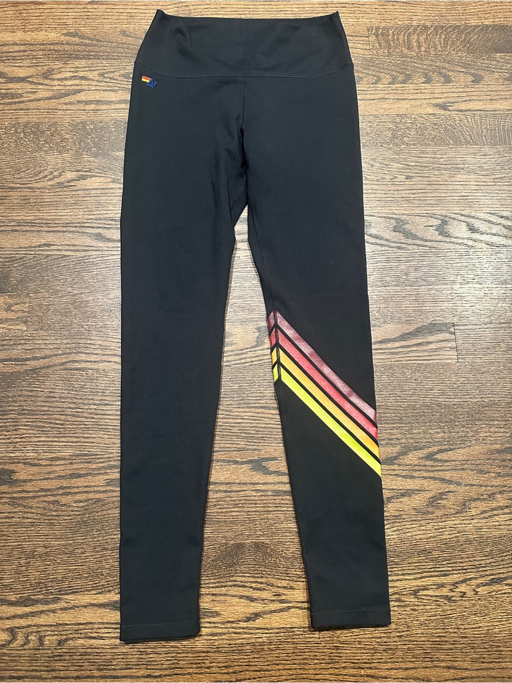 Aviator Nation Black Leggings with Vibrant Diagonal Stripes